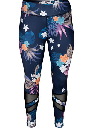 Cropped sports leggings with floral print, Blue Flower, Packshot image number 0