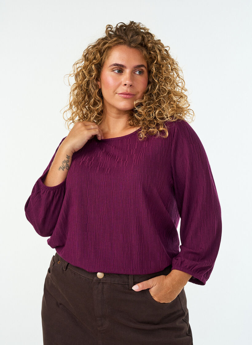 Blouse with texture and 3/4 sleeves, Purple, Model image number 0