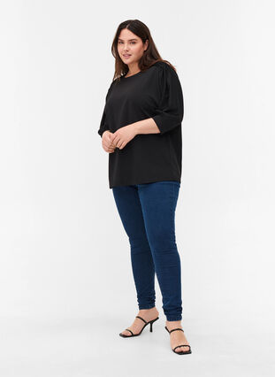 Blouse with 3/4 sleeves and pleated folds, Black, Model image number 2