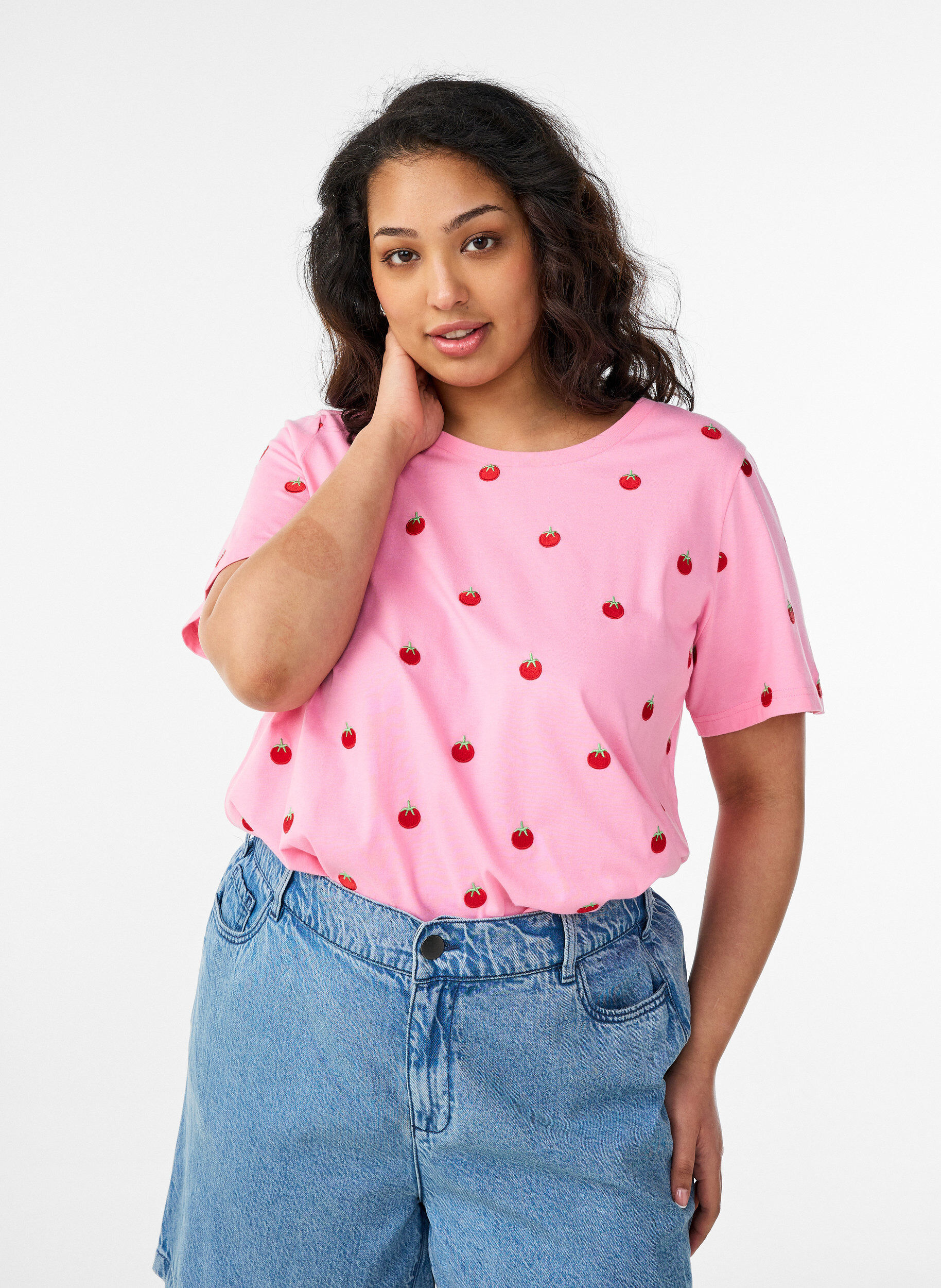 Zizzifashion T-shirt in organic cotton with embroidered motifs, Pink, Model image number 0