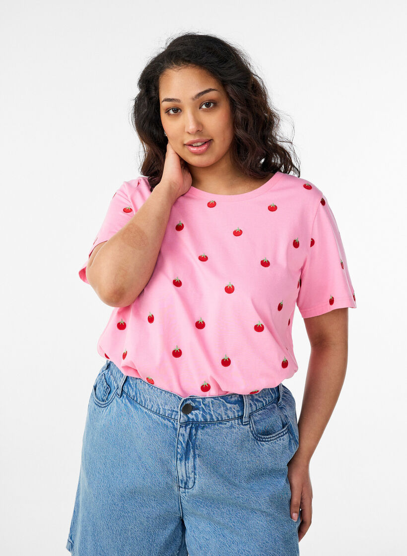 T-shirt in organic cotton with embroidered motifs, Pink, Model image number 0