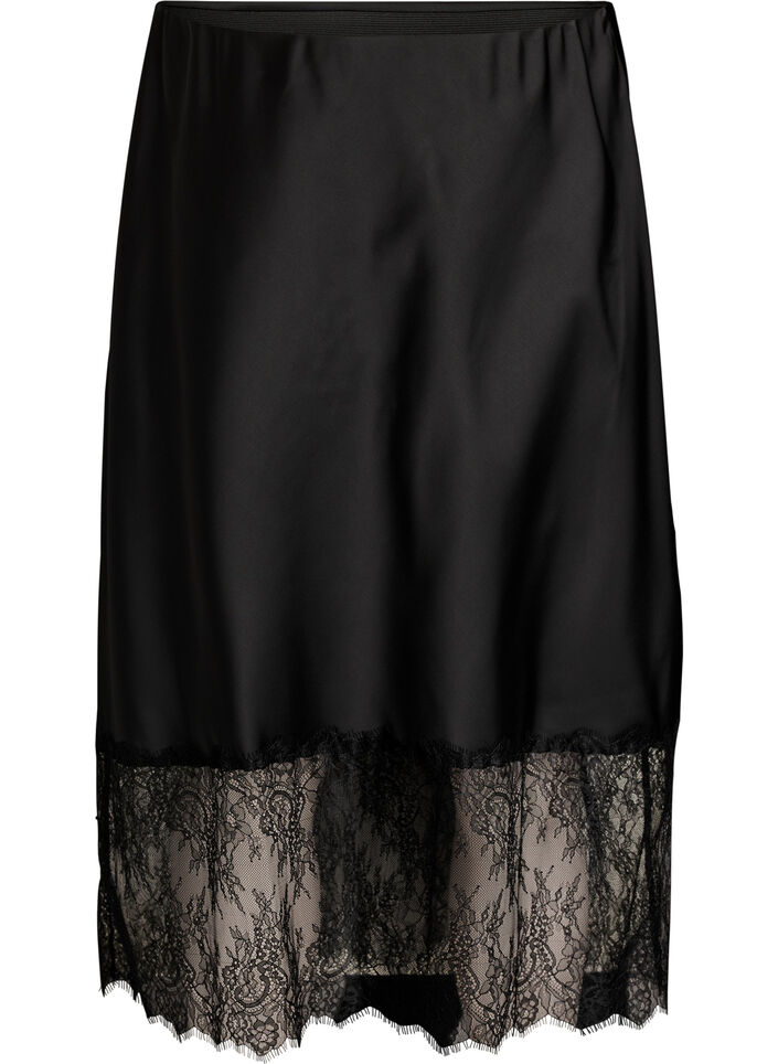 Satin-look skirt with lace trim, Black, Packshot image number 0