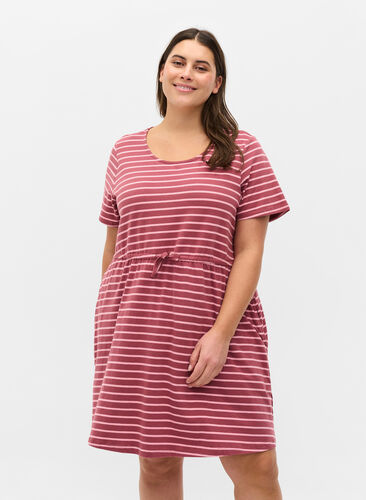 Short-sleeved cotton tunic with stripes, Apple Butter stripe, Model image number 0