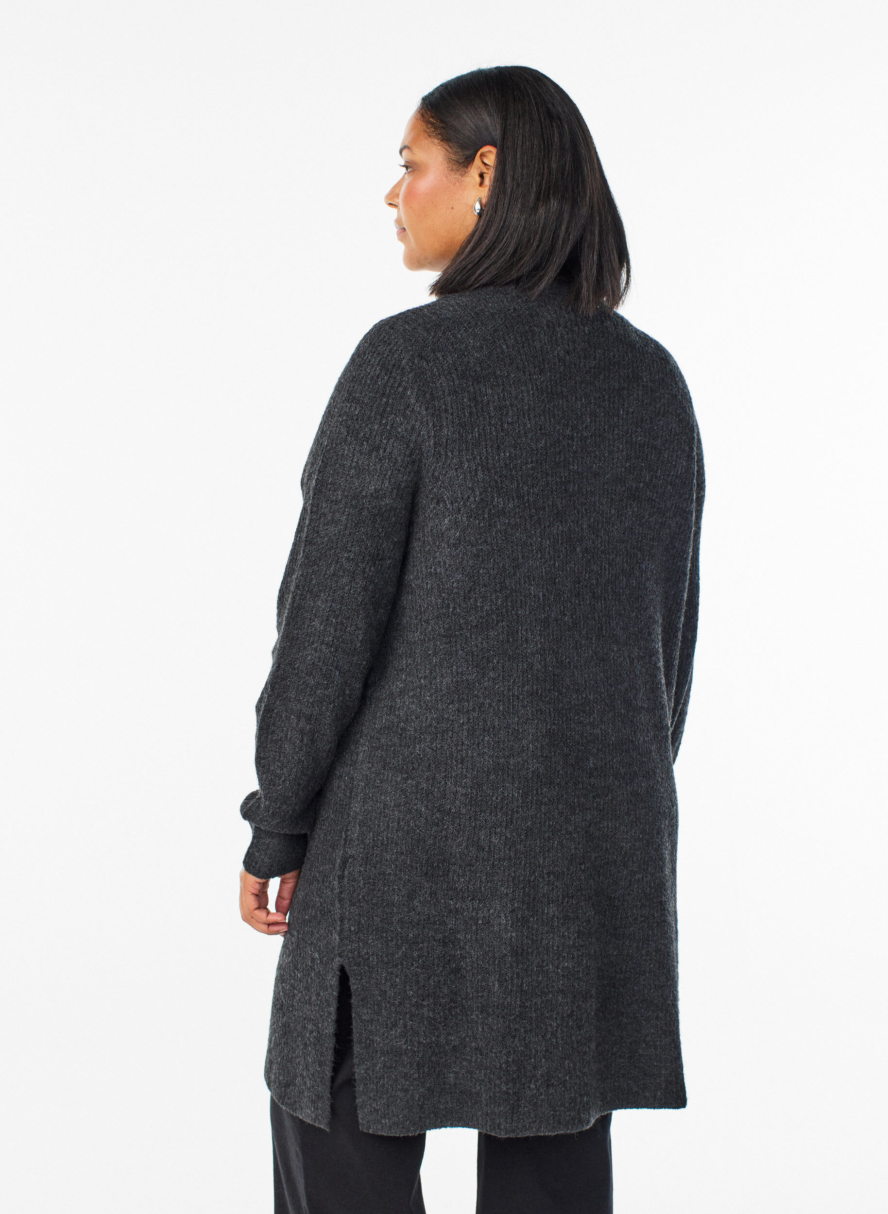 Zizzifashion Long ribbed cardigan with an open front, Dark Grey, Model image number 2