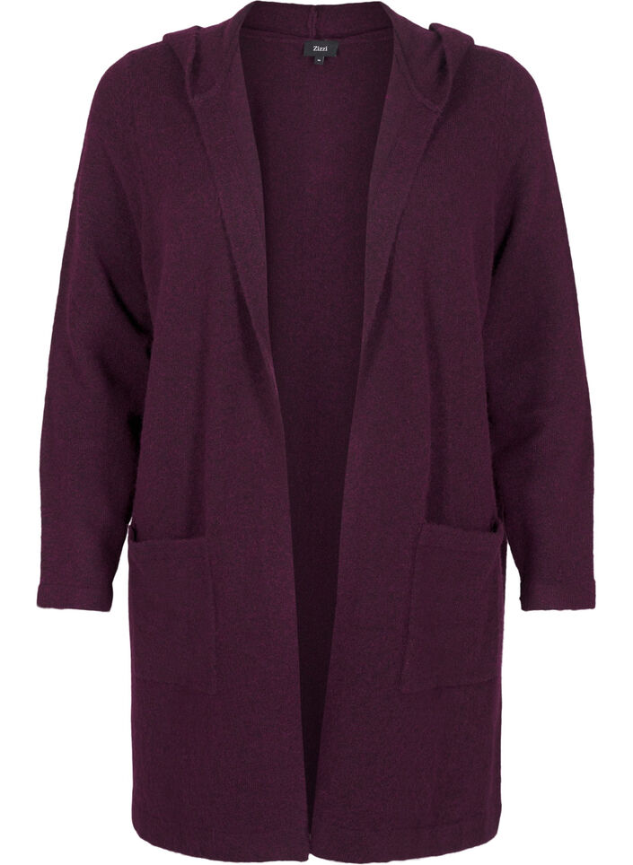 Long knitted cardigan with wool and hood, Potent Purple Mel., Packshot image number 0