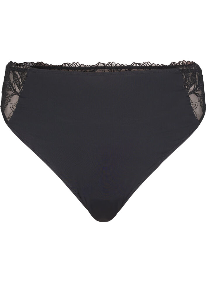 Microfiber thong with lace, Black, Packshot image number 0