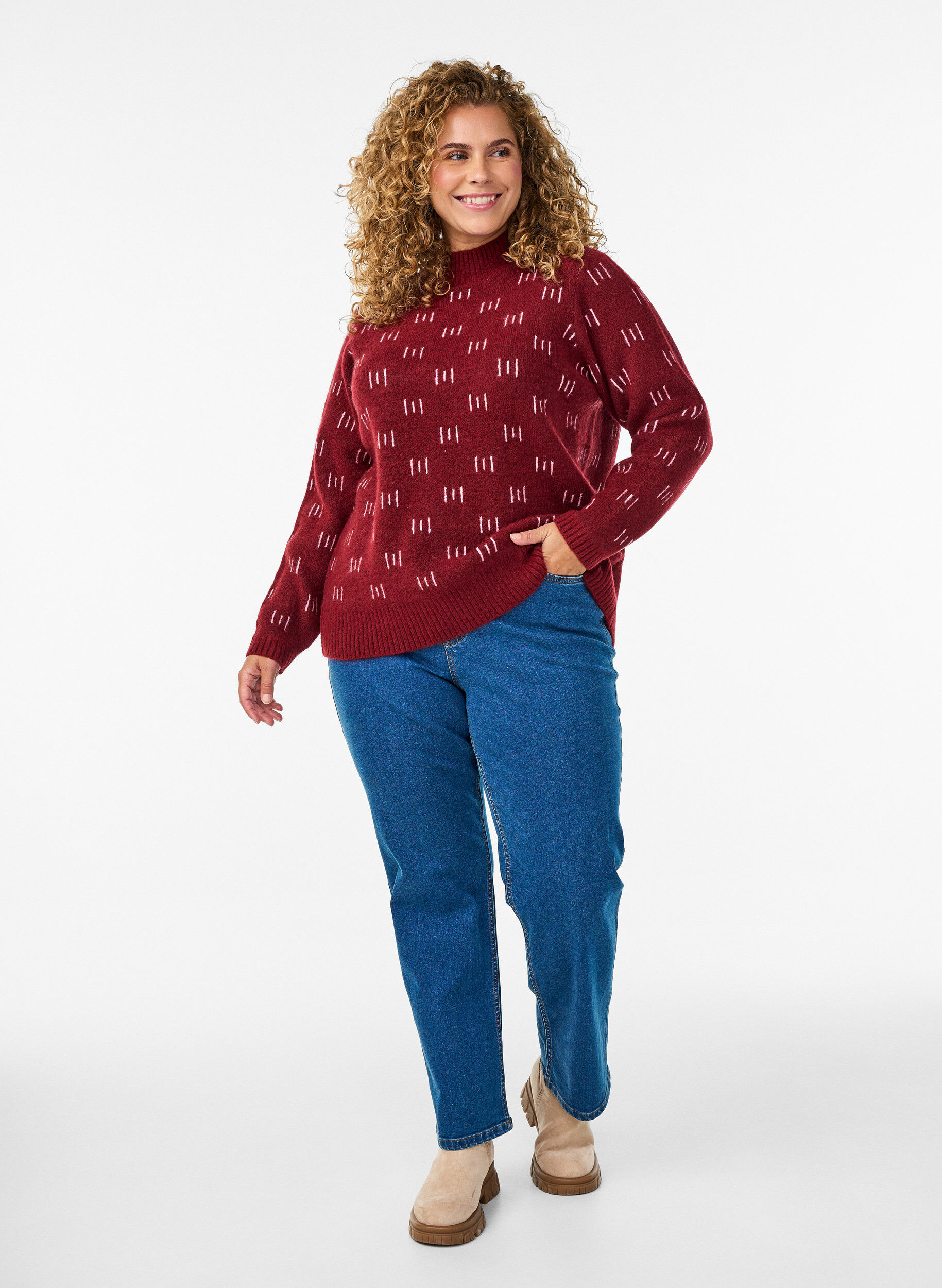 Zizzifashion Patterned knitted top with a high neck, Dark Bordeaux, Model image number 1