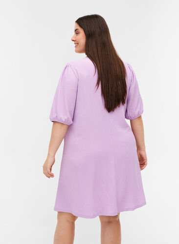 Dress with puff sleeves and V-neck, Purple Rose, Model image number 1