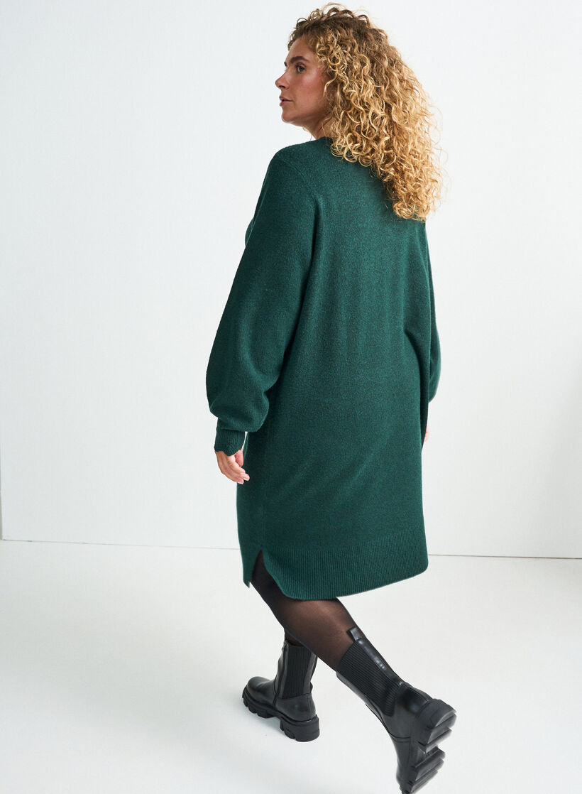 Short knitted dress with wavy hem and slits, Green, Model image number 1