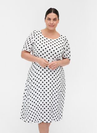 Short-sleeved viscose dress with dots, White w. Black Dot, Model image number 0