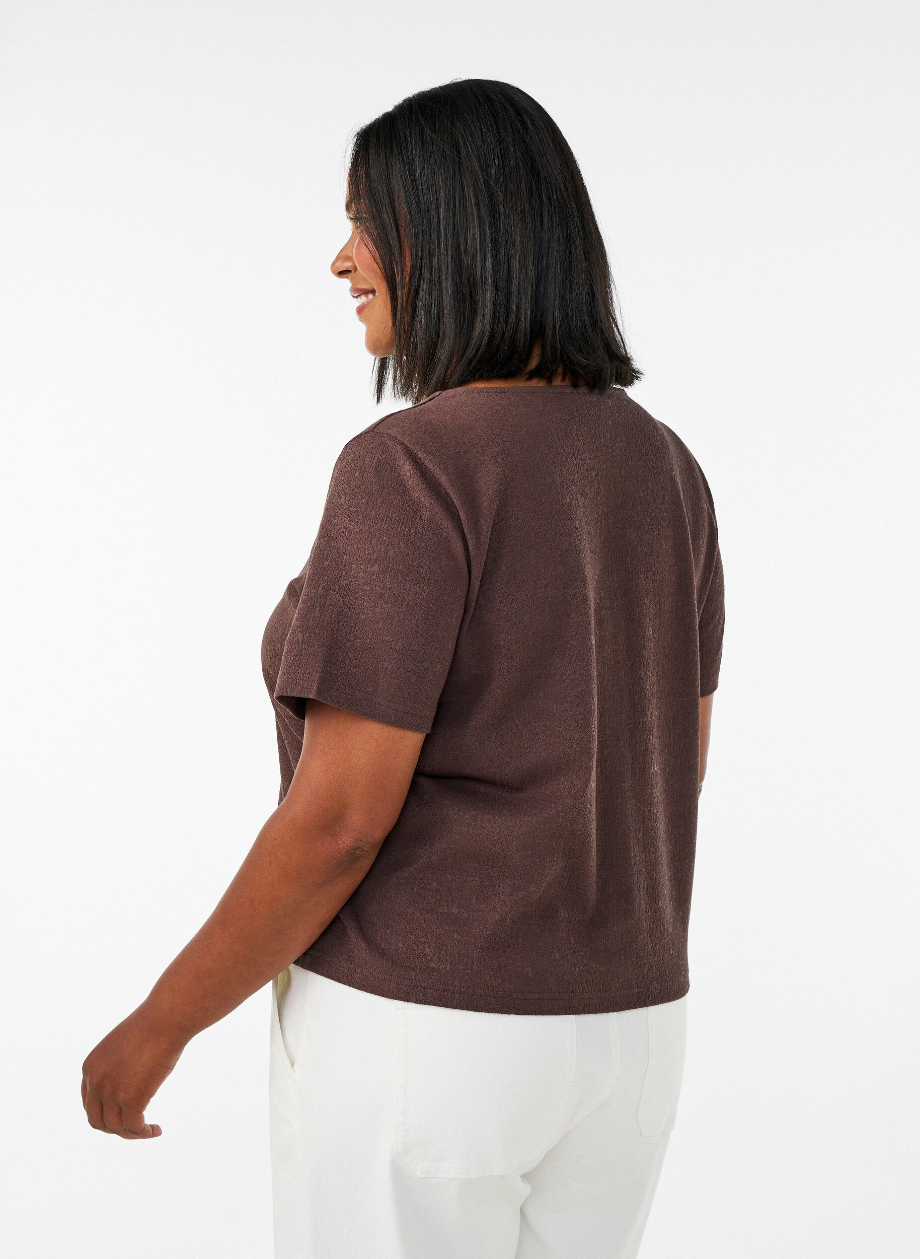 Zizzifashion Textured cotton blouse with button fastening, Brown, Model image number 2