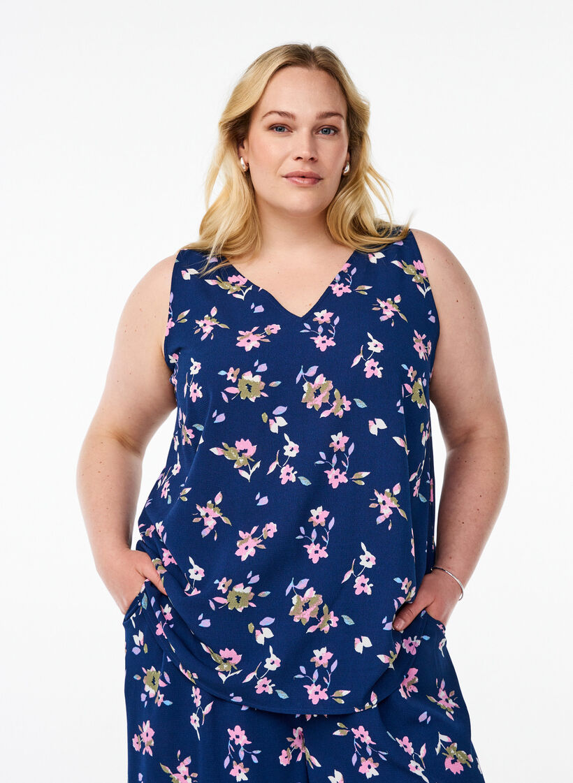 Printed top with v-neck, Blue, Model image number 0