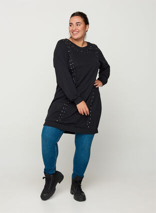 Cotton sweater dress with studs, Black, Model image number 2