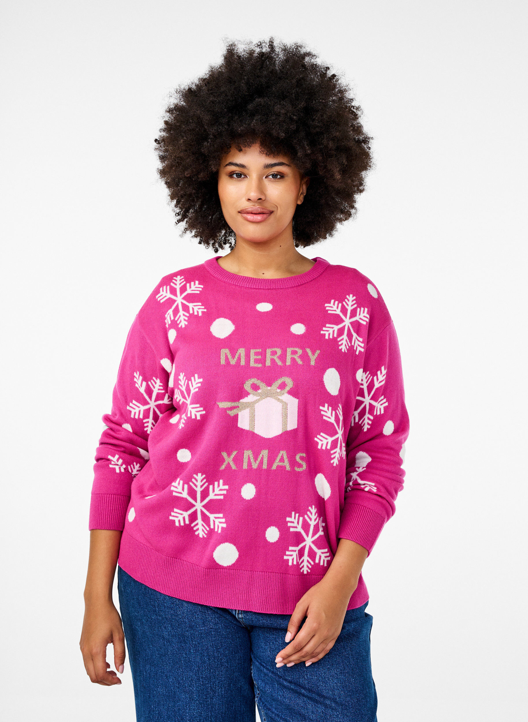 Zizzifashion Christmas jumper with a round neck, Pink Glow Comb, Model image number 0