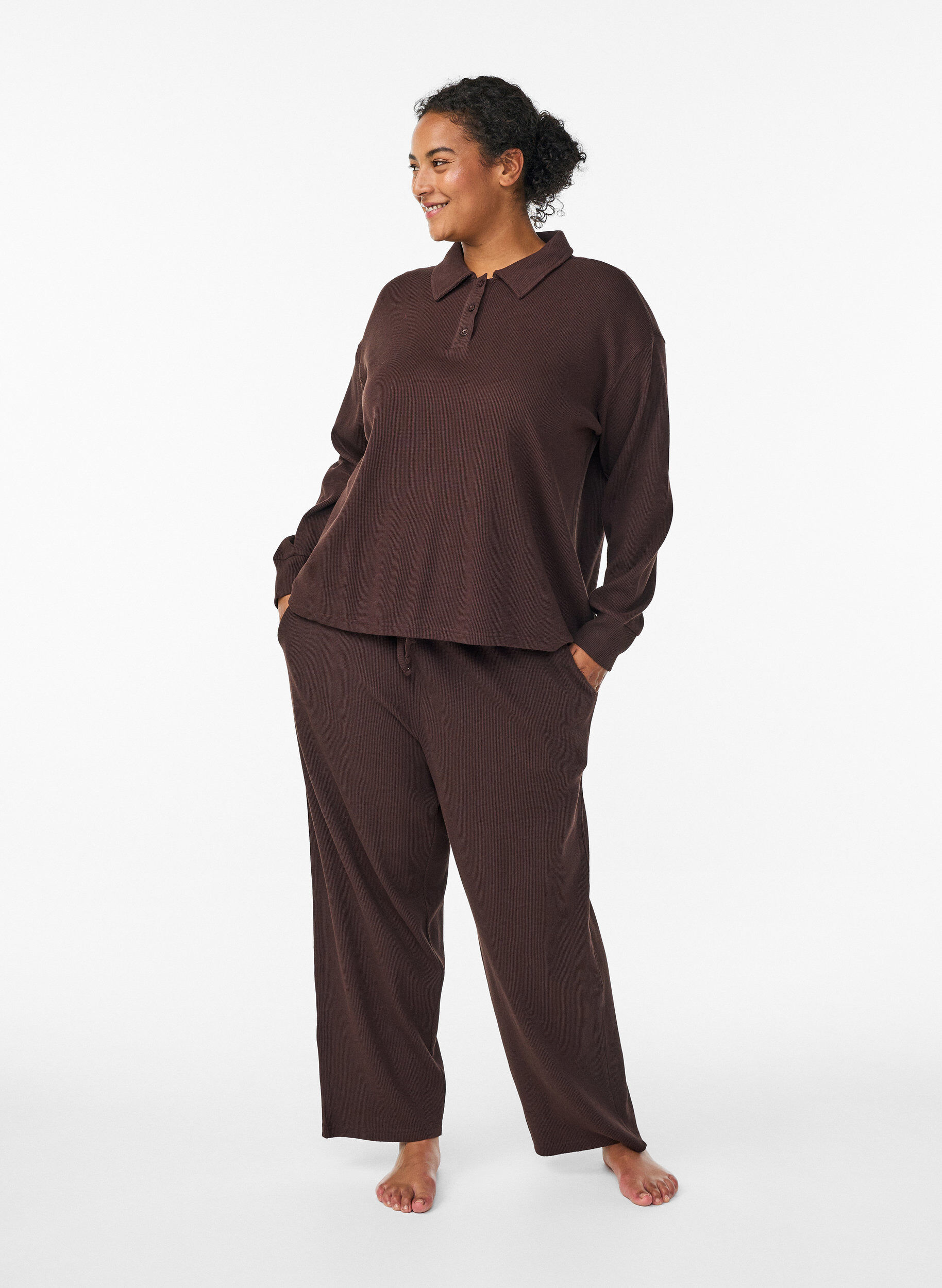 Zizzifashion Ribbed jersey polo shirt with long sleeves, Brown, Model image number 1