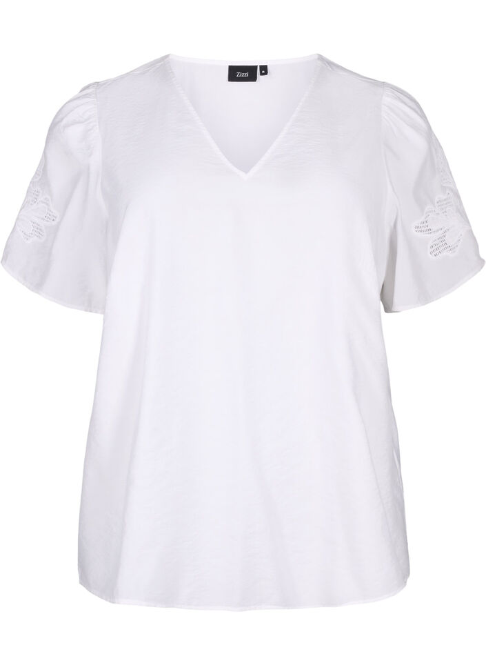 Short sleeve viscose blouse with embroidery, White, Packshot image number 0