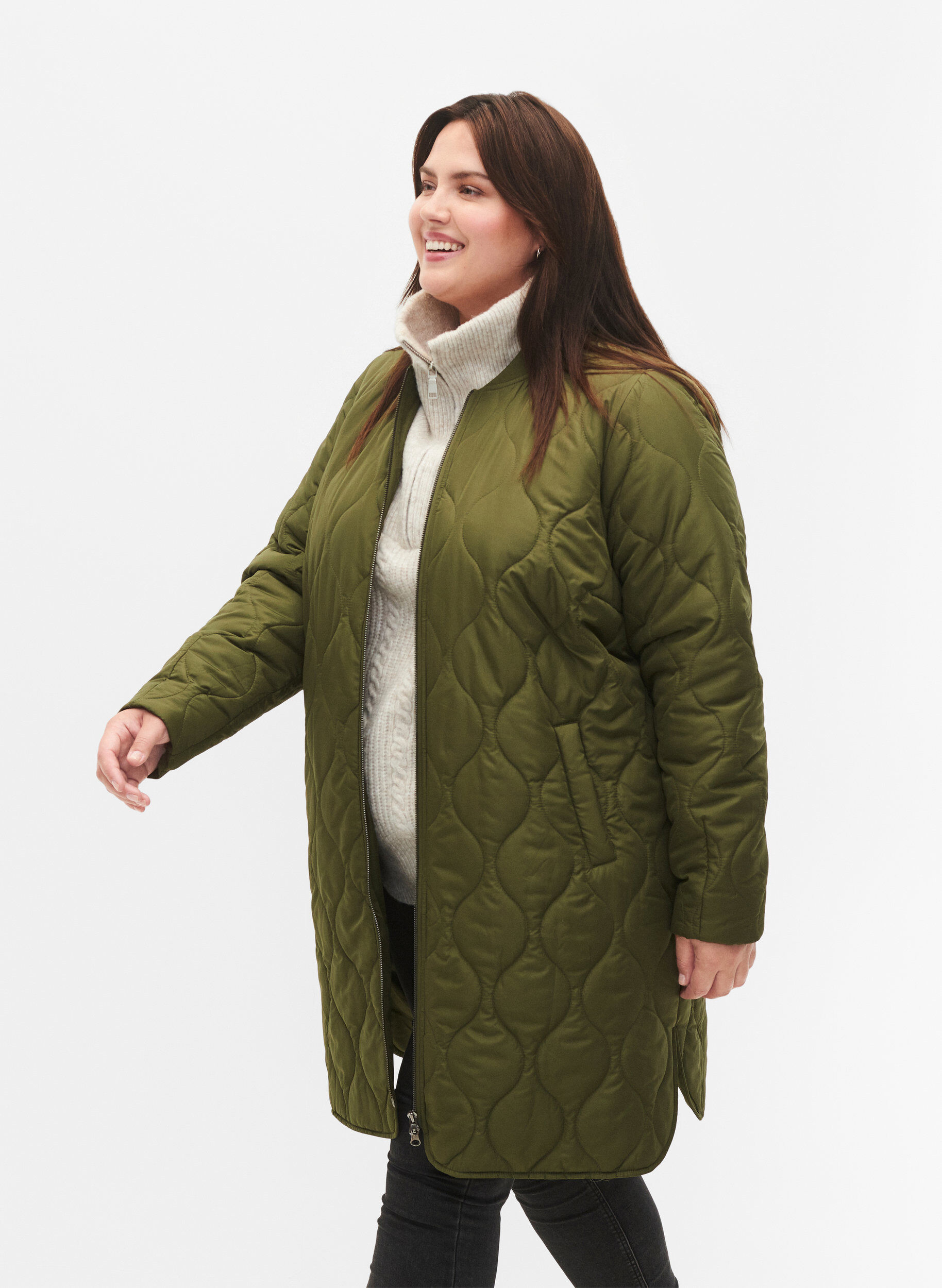 Zizzifashion Long quilted jacket with pockets and zipper, Winter Moss, Model image number 2