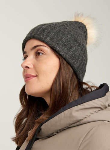 Knitte hat with a bobble, Dark Grey Melange, Model image number 0