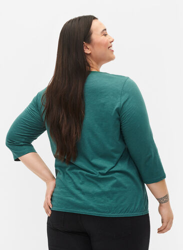 Cotton top with 3/4 sleeves, Mallard Green, Model image number 1