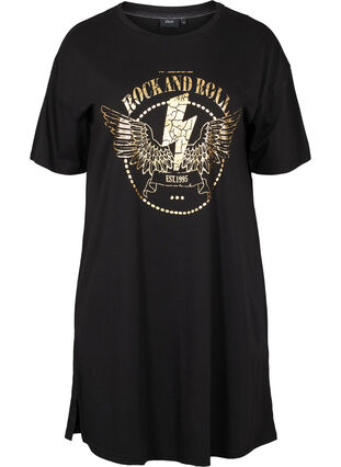 T-shirt dress in cotton with print details, Black w. Gold, Packshot image number 0