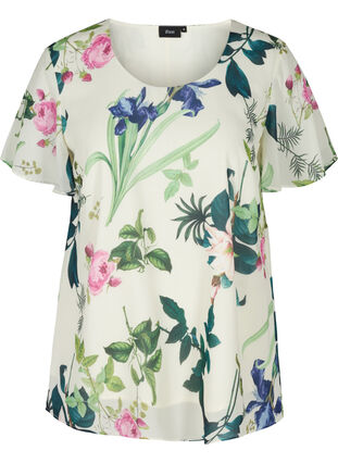 Short-sleeved blouse with a floral print, Bright White AOP, Packshot image number 0