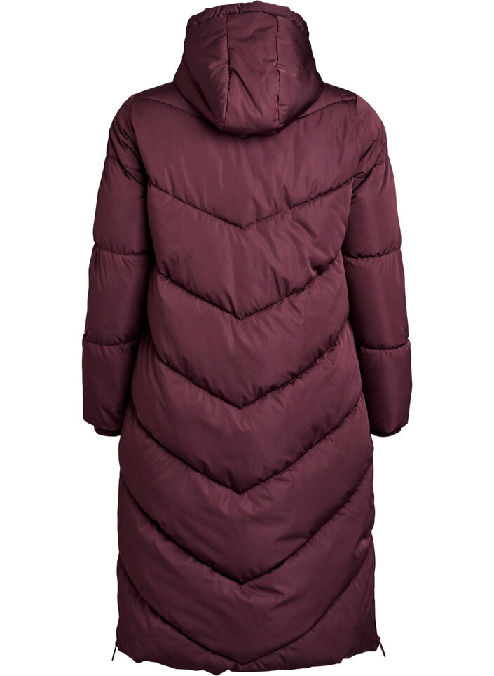 Long puffer coat with hood and pockets, Dark Bordeaux, Packshot image number 1