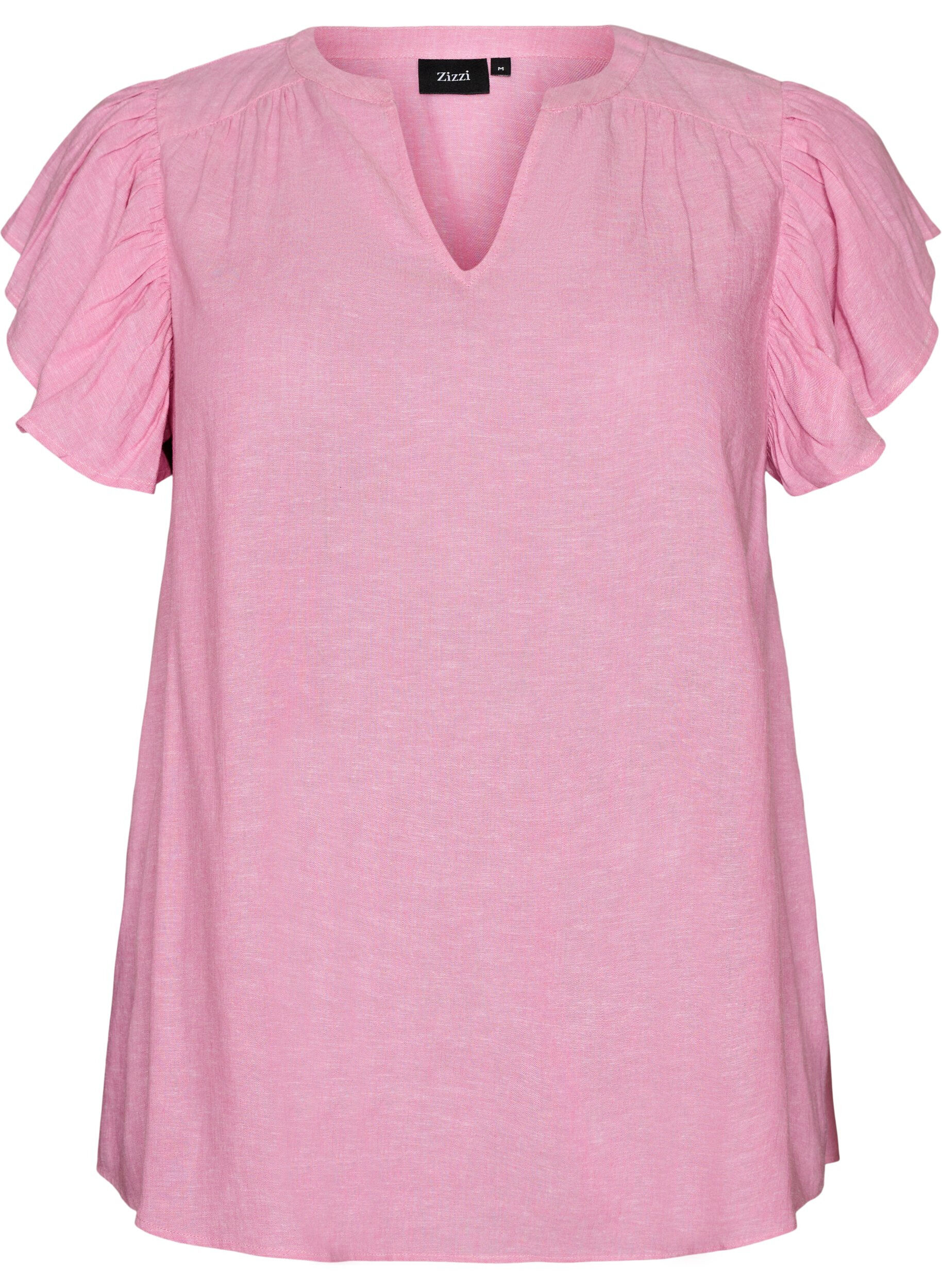 Zizzifashion Viscose and linen blouse with ruffle sleeves, Pink, Packshot image number 0