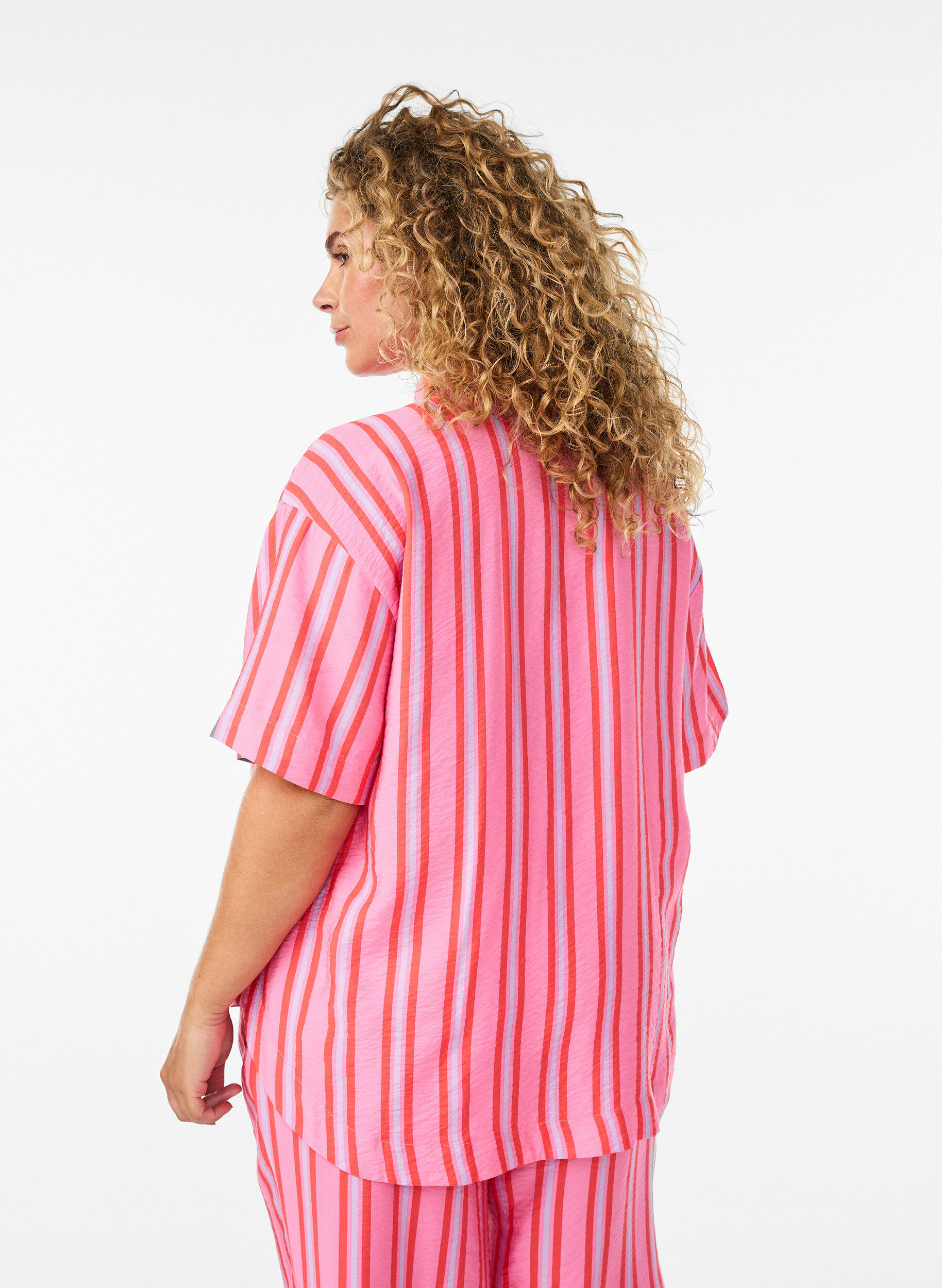 Zizzifashion Striped viscose shirt with short sleeves, Pink, Model image number 2