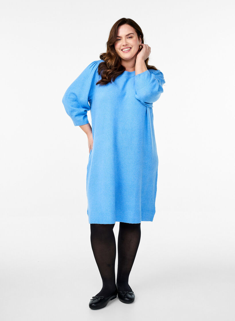Knitted dress with 3/4 sleeves and a round neck, D.R. Blue White Mel., Model image number 2