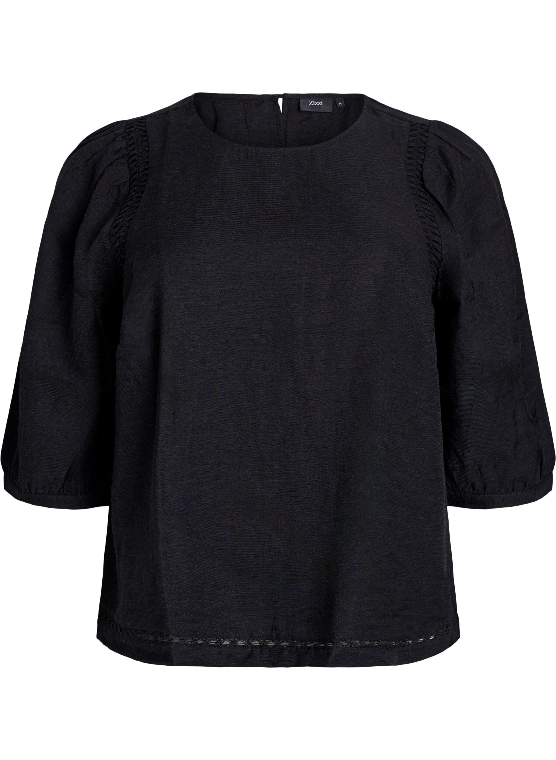 Zizzifashion Viscose blend blouse with linen and gathered shoulders, Black, Packshot image number 0