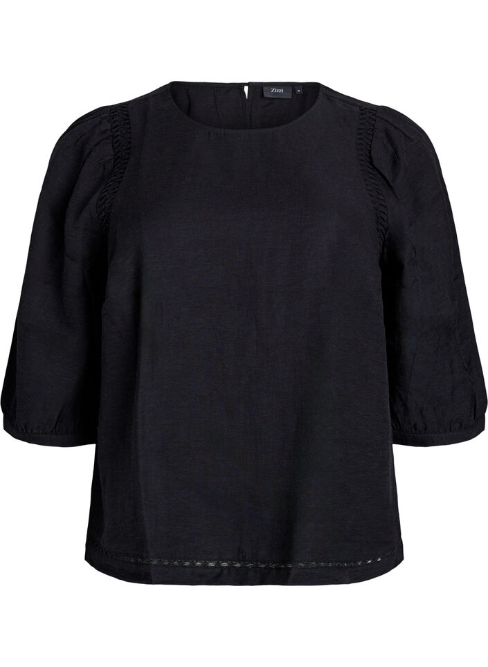 Viscose blend blouse with linen and gathered shoulders, Black, Packshot image number 0