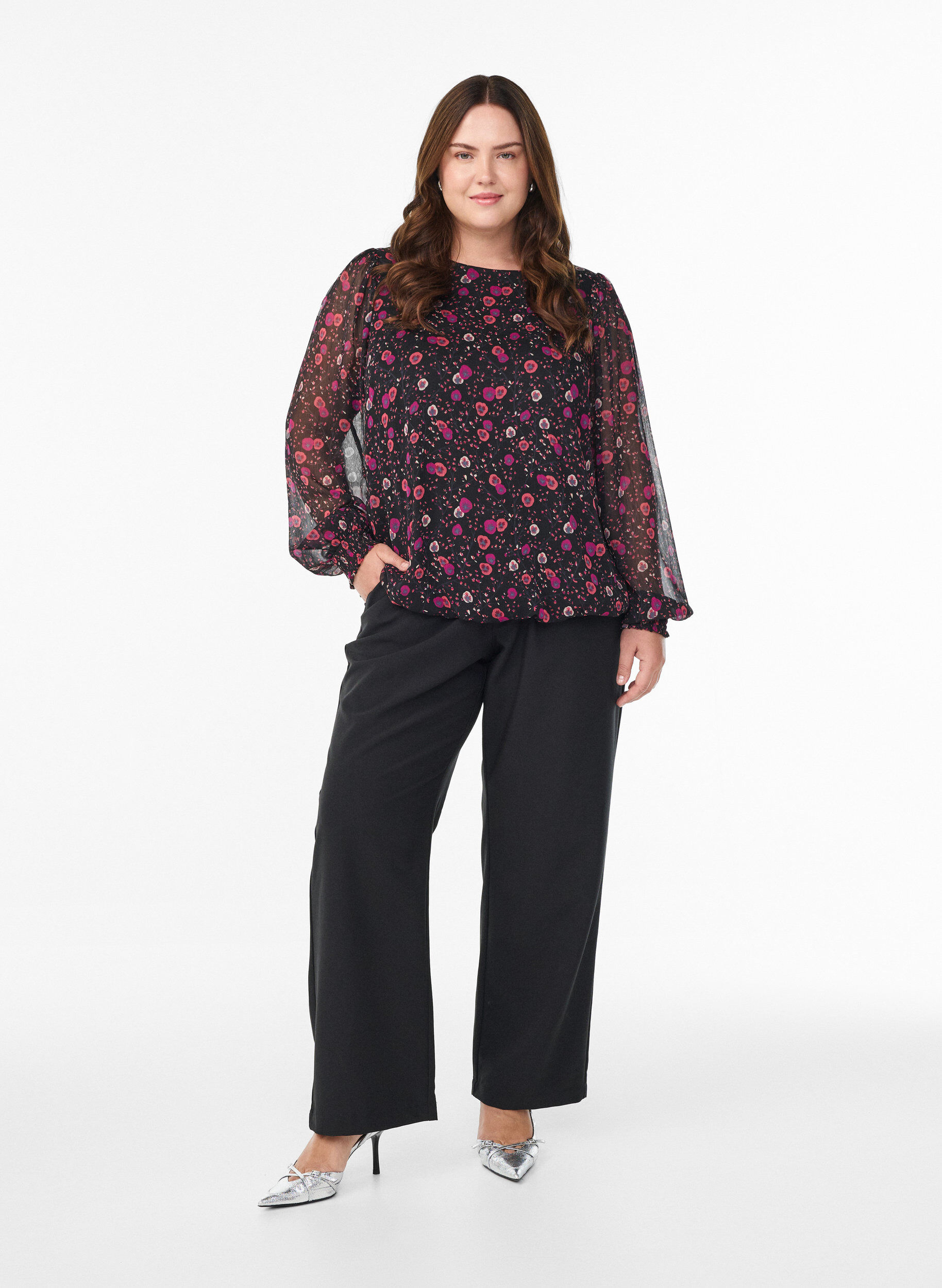 ZizzifashionFloral chiffon blouse with sheer sleeves, Black, Model image number 1
