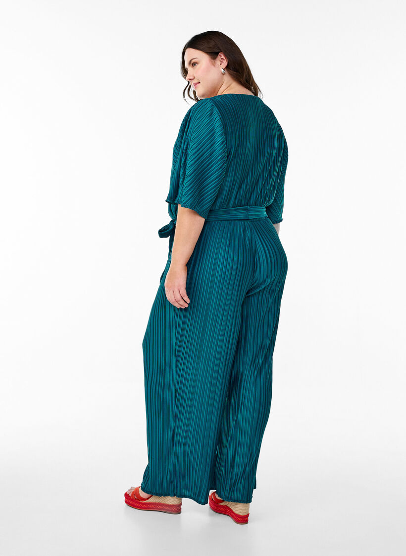 Pleated jumpsuit with tie and wide sleeves, Blue, Model image number 1