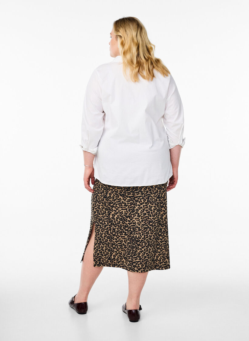 Midi skirt with slit and leopard print, Brown, Model image number 1