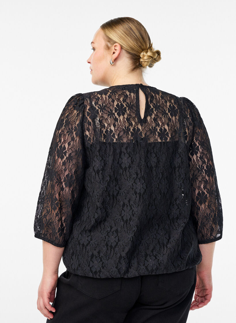 Lace blouse with 3/4 sleeves, Black, Model image number 2