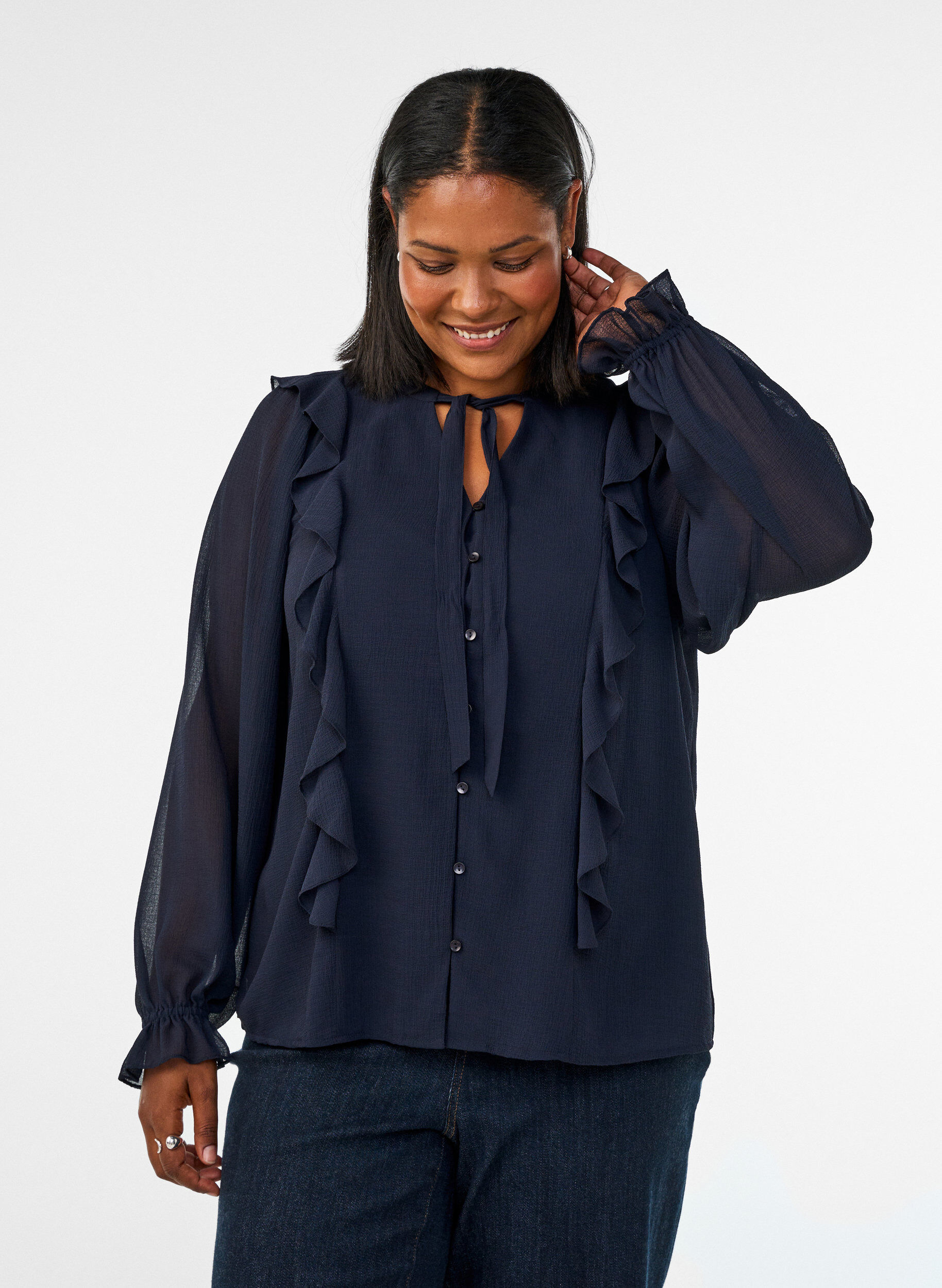 ZizzifashionSheer blouse with ruffles and tie-fastening, Blue, Model image number 0
