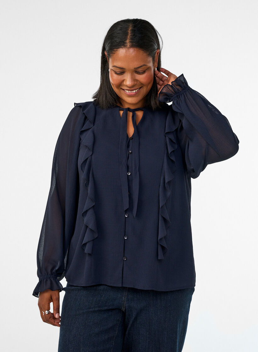 Sheer blouse with ruffles and tie-fastening, Blue, Model image number 0