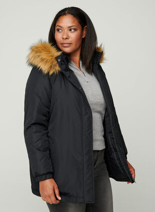 Jacket with a fake fur collar and drawstring waist, Black, Model image number 0