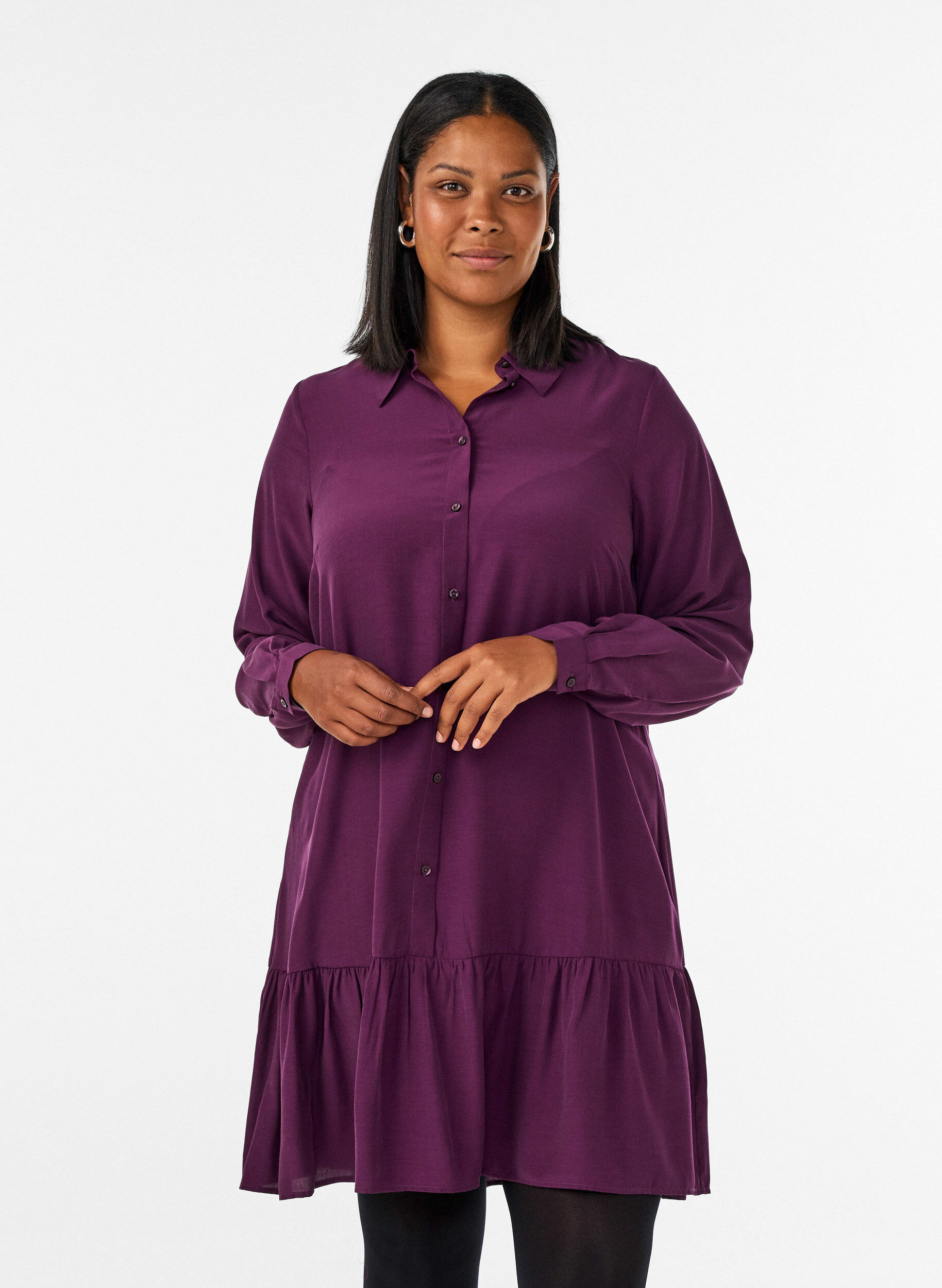 ZizzifashionShort shirt dress with ruffle tier, Purple, Model image number 0