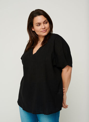 Short-sleeved V-neck cotton blouse, Black, Model image number 0
