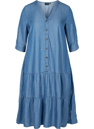 Midi dress with buttons and 3/4 sleeves, Blue denim, Packshot image number 0