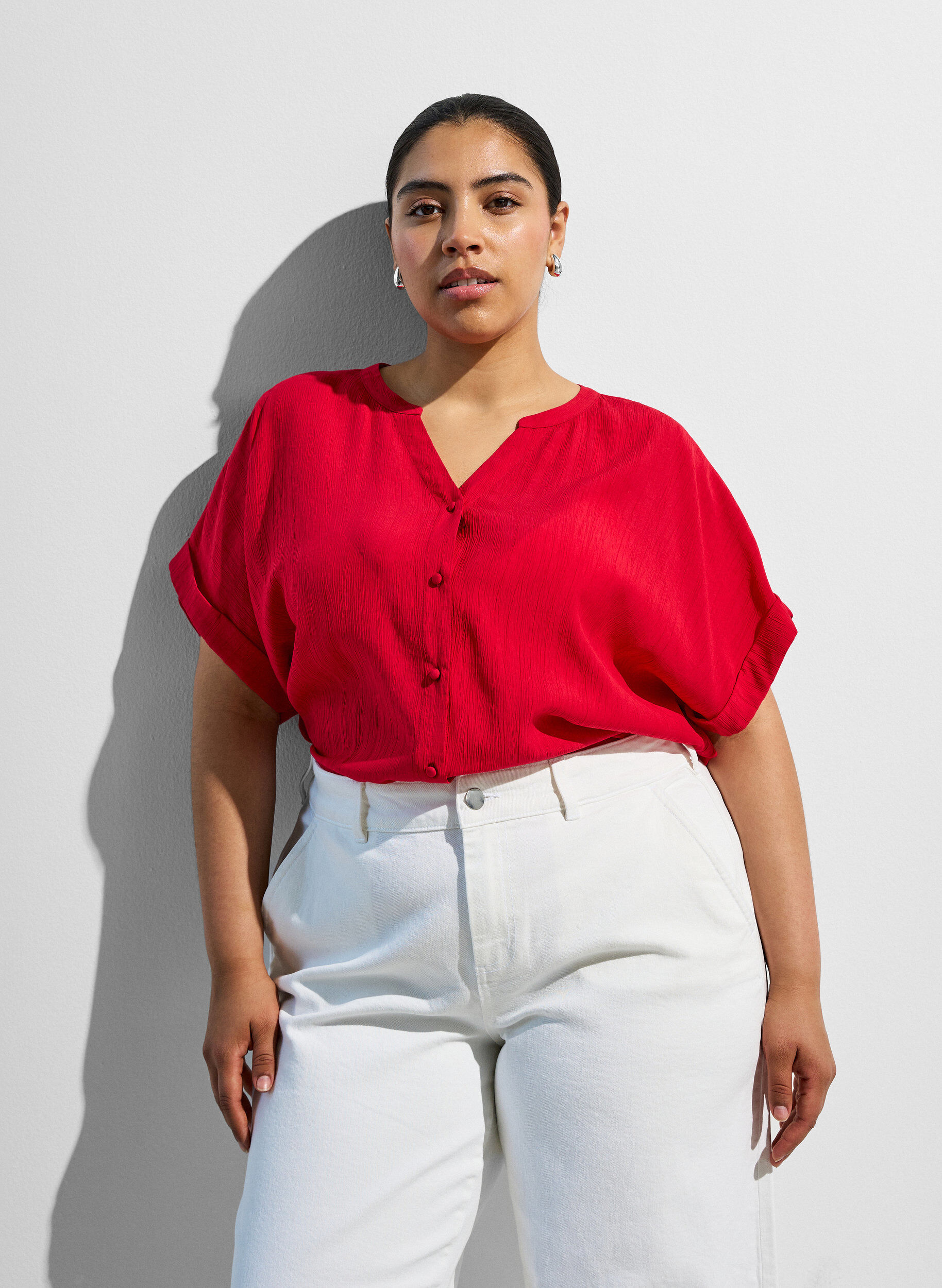 Zizzifashion Viscose blouse with buttons and texture, Red, Image image number 0