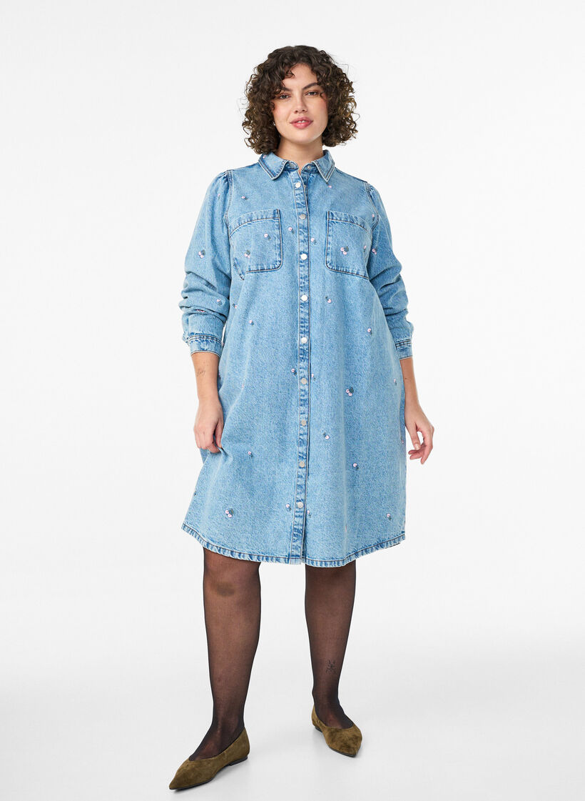 Denim dress with cherries and chest pockets, Light Blue, Model image number 1