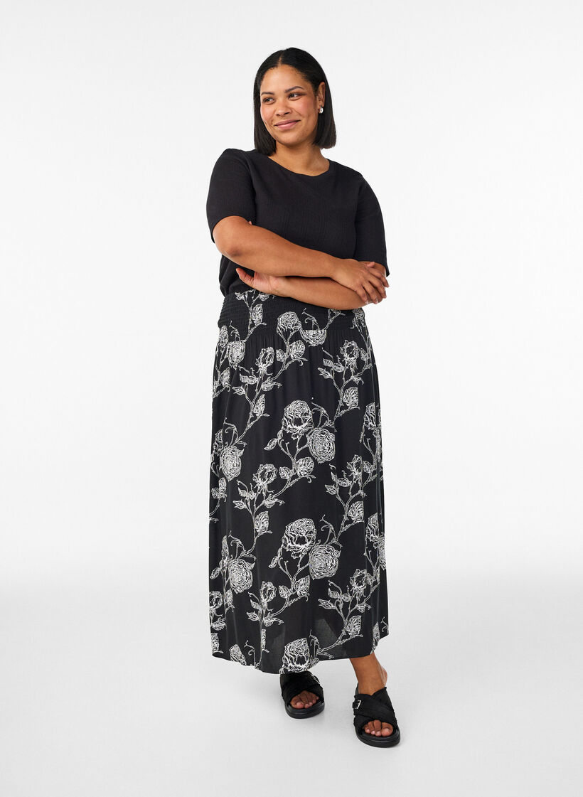 Viscose maxi skirt with smocking, Black, Model image number 0