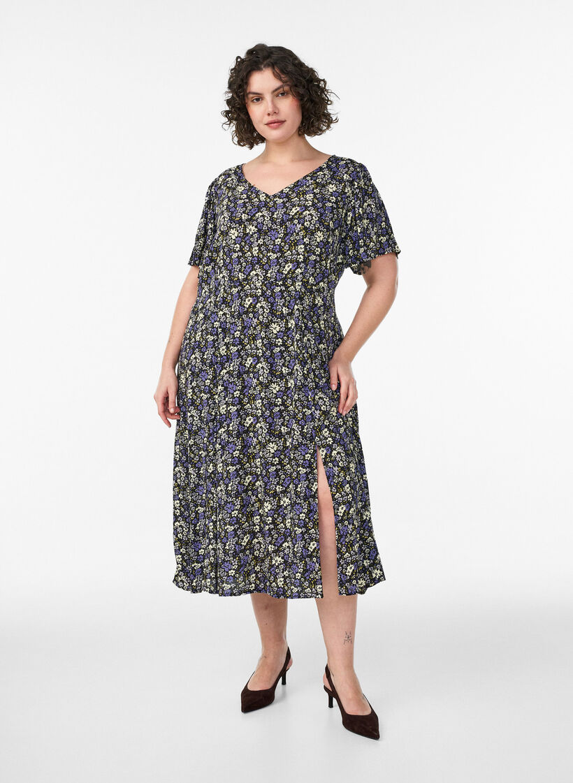 Viscose midi dress with a floral print, Black, Model image number 0