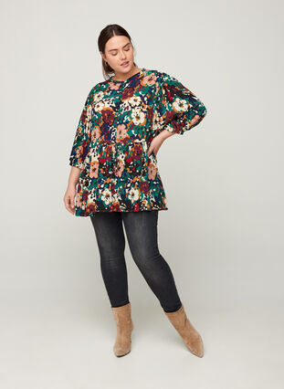Floral viscose blouse with 3/4 length sleeves, Multi Flower AOP, Model image number 2