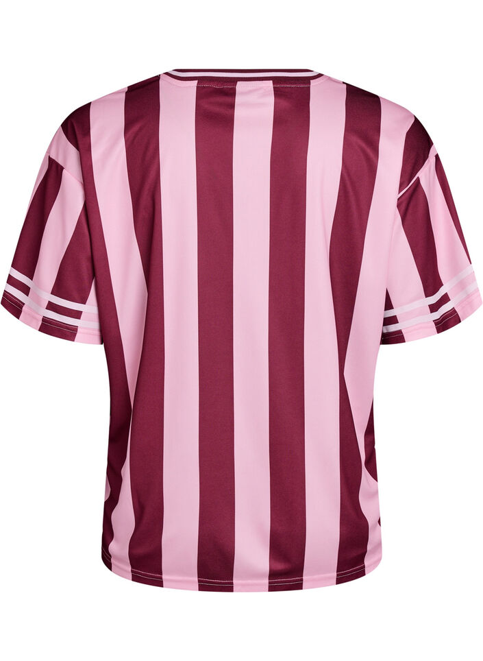 Sporty t-shirt with stripes and text motif, Rose, Packshot image number 1