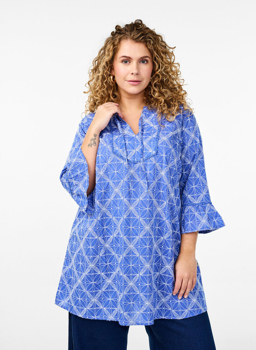 Tunic with embroidery and tie detail, Blue, Model image number 0