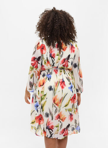Printed pleated dress with tie string, Snow White AOP, Model image number 1