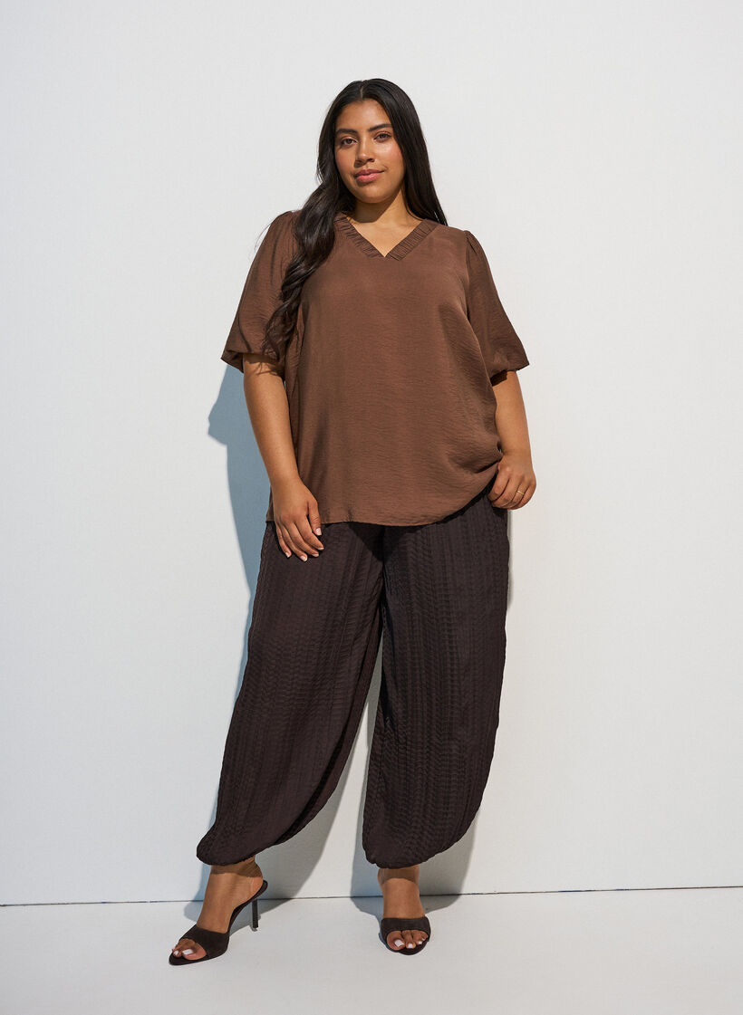 Blouse with balloon sleeves and V-neck, Brown, Model image number 1